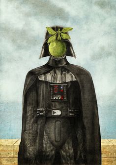 a painting of a man dressed as darth vader with a green apple on his head