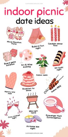 a poster with different types of items in pink and white colors, including candles, flowers,