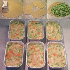 six pans filled with different types of food on top of a counter next to each other