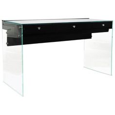 a glass desk with drawers underneath it