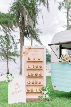 an old vw bus converted into a wedding display