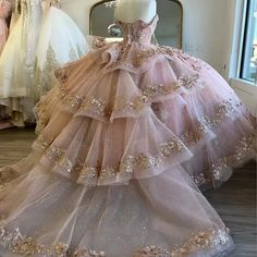 Pink Quinceanera Dress Ball Gown Lace Applique Beading Crystals Tiered Sweet 16.   "This pin contains affiliate links, which means I may earn a commission at no cost to you extra for you".   #affiliate #advertising" Champagne Quince Dresses, Pink Sweet 16 Dress, Pink Quinceanera Dress, Quince Stuff, Quincenera Dresses, Debutante Dresses, Pink Quinceanera, Quinceanera Themes Dresses