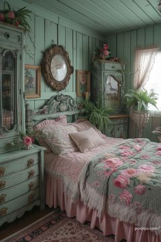 a bed sitting in a bedroom next to a dresser and mirror on top of a wooden floor