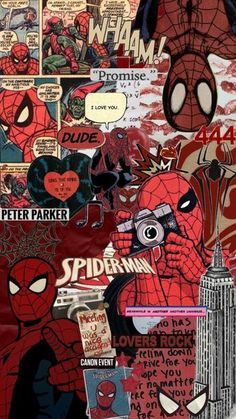 spider - man collaged with comic characters and other things in the background,