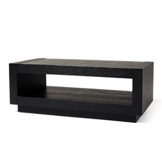 a black coffee table with an open shelf