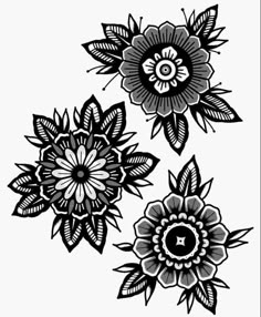 three black and white flowers with leaves on the top one has a letter o in the middle