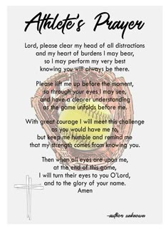 a poem written in the language of an athlete's prayer with a baseball glove on it