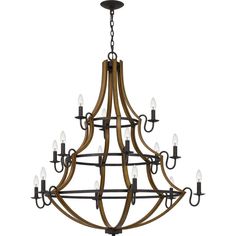 a large wooden chandelier with six lights hanging from it's center point