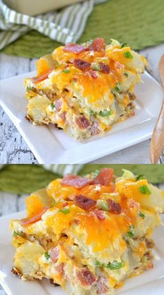 two pictures of an egg casserole on a white plate