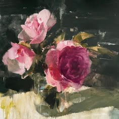 an oil painting of pink roses in a vase