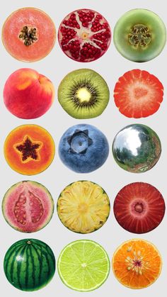 a bunch of different types of fruit cut in half and placed on top of each other