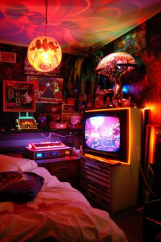 Step back in time with these nostalgic 80s retro bedroom ideas that are making a trendy comeback. Transform your space with vibrant neon colors, bold patterns, and funky decor elements to create the perfect vintage 80s vibe in your bedroom. From cassette tape wall art to neon signs, there are endless possibilities to infuse an 80s retro bedroom aesthetic into your design. Saturated Room Aesthetic, 80s Funky Aesthetic, Funky Retro Bedroom Decor, Funky Retro Bedroom Aesthetic, Retro Wall Art Ideas, Funky Decor Bedroom, 80s Retro Bedroom, 80s Style Room, 1980s Bedroom Aesthetic