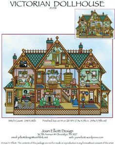 the victorian dollhouse cross stitch pattern is shown in this book, with instructions to make it