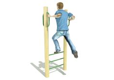 a man is climbing on a wooden ladder