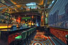 a bar with several stools in front of it