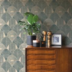 a wooden dresser topped with a potted plant next to a wallpapered wall