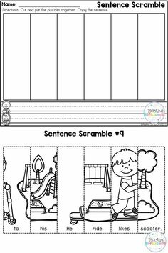 sentence scramble worksheet with pictures to help students learn how to write and read