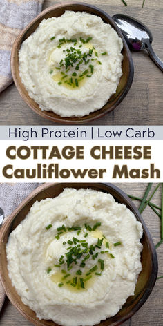 Images of mashed cauliflower "potatoes" with cottage cheese and topped with butter and chives Healthy Cauliflower Mashed Potatoes, Protein Mashed Potatoes, Low Carb High Protein Side Dishes, Macro Friendly Side Dishes, Cottage Cheese Cauliflower, High Protein Low Carb Meals, Low Carb High Protein Recipes, Cauliflower Recipes Low Carb, High Protein Bariatric Recipes