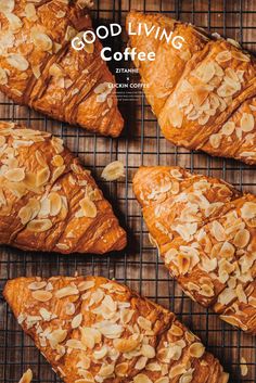 the cover of good living coffee, featuring almond croissants on a cooling rack