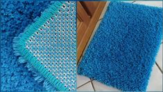 two pictures of blue rugs on the floor