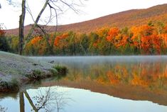 a body of water surrounded by trees with fall colors on the hills in the background