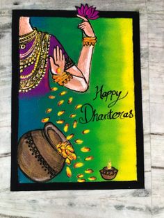 a happy diwali card with an image of a woman holding her hands up