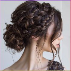 Messy bun tutorial | 1 minute hairstyle | Easy updo | Hair tutorial, Hair tips video, Natural hair updo Wedding Braid Brunette, Braided Hair Updo Wedding, Braided Updo With Headband, Half Updo Braid Wedding, Bride Braid Updo, Wedding Updos For Brunettes, Updos For Family Pictures, Long Brunette Bridesmaid Hair, Braided Bun Bridal Hair