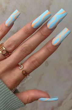 6. Crocodile French Tip Nails What do you think of 59 Summer Nail Colours and Design Inspo for 2021? As Autumn is on its way, if... Peach And Blue Nails, Blue And Brown Nails, Nails Retro, Summer Acrylic, Retro Nails, Summer Nail Art, Blue Acrylic Nails