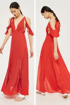 Summer Wedding guest outfit at Topshop UK | Long red maxi dress with cold shoulder sleeves | Affiliate Link Cold Shoulder Maxi Dress, Red Dress Maxi, Topshop Dresses, Wedding Guest Outfit Summer, Maxi Robes, Dress Images, Topshop Outfit