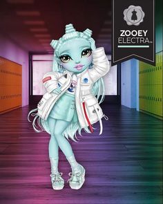 an image of a cartoon character with blue hair and big eyes wearing white clothes, standing in a hallway