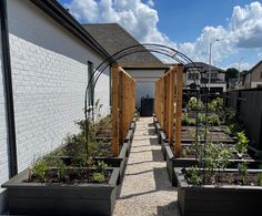 an outdoor garden area with many plants in the planters and on the ground, there is a white brick building behind it