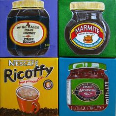 four square paintings with different types of food and drinks on them, each painted in acrylic