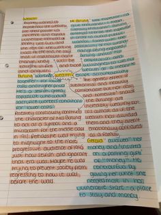 a piece of lined paper with words written in different colors and sizes on top of it