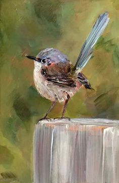 a painting of a bird sitting on top of a wooden post