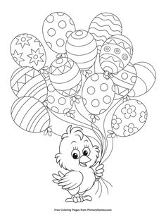 a coloring page with an image of a bird holding balloons in it's beak