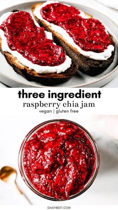 three ingredient raspberry jam on toasted bread