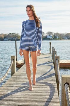 LAKE | Women | Pima Cotton Pajamas | Sea Depth Anchor Stripe Crew Long-Short Set Lake Pajamas, Pajama Style, Cotton Pajamas, Bridal Fabric, July 7, Long Shorts, Short Set, Go Ahead, Pima Cotton