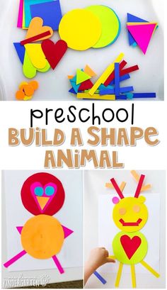 an animal made out of construction paper with the words preschool build a shape animal