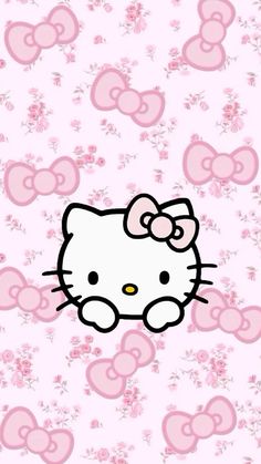 a hello kitty wallpaper with pink flowers and hearts on the bottom right hand corner