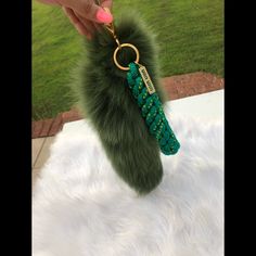 Green Fox Fur-Trimmed Miu Miu Keychain With Keyring Closure At Top. Is New Never Used! Comes With Dust Bag! Details .. Width- 6" Length- 20" Excellent, No Visible Signs Of Wear For Men Or Women Miu Miu Keychain, Miu Miu Accessories, Bag Details, Keychain Bag, Key Card Holder, Fox Fur, Card Holders, Fur Trim, Green Yellow