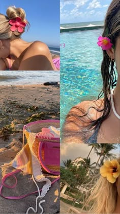 a woman with flowers in her hair sitting on the beach next to water and wearing a flower in her hair