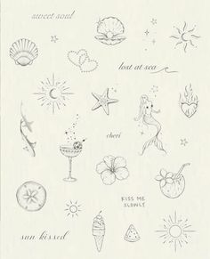 an old fashioned drawing of different things in the sky and on the ground, including seashells