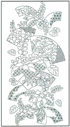 a black and white drawing of an abstract plant with leaves, flowers and dots on it