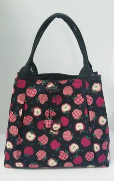 "It's Time To Bob for Apples... This Stylish Handbag is Lightweight with a quality, bold, cotton print that features embellishment on the front of the bag. Lined with a bright red color includes a contrasting pocket. The Handbag is fun for all occasions. The Holidays are around the corner it's a perfect gift. This tote/handbag is Handmade in a  SMOKE-FREE and PET-FREE home. Proud to say it in the USA.   Apple/Black Print and  Solid Black Lining are 100% Cotton            Measurements: Height: Bob For Apples, Eco Friendly Handbags, Bobbing For Apples, Cotton Handbag, Party Handbags, Fabric Handbags, Top Handle Bags, Gift For A Friend, The Pouch