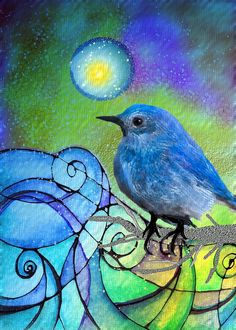 a blue bird sitting on top of a piece of art with swirls and stars in the background