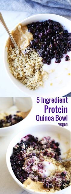 three bowls filled with oatmeal and blueberries on top of a table