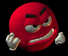 a red ball with an angry expression on it's face and hands in the air