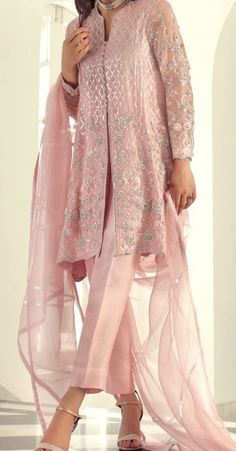 Pink Semi-stitched Unstitched Suit For Party, Pink Bollywood Style Unstitched Organza Suit, White And Pink Pakistani Suit, Pastel Pink Pakistani Dress, Light Pink Pakistani Suit, Net Kurti, Raya Outfit, Marriage Suits, Party Trousers