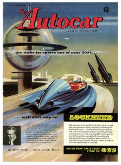 an advertisement for the autocar, featuring a car driving on a road with another car behind it