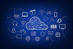 the cloud is surrounded by various electronic devices and icons on a dark blue background with white outlines